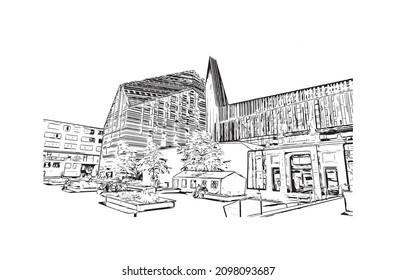 La vista de edificio con un punto de referencia de Leipzig es la 
ciudad de Alemania. Dibujo a mano de ilustración de esbozo en vector.