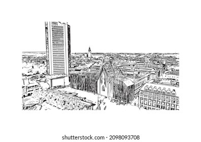 Building view with landmark of Leipzig is the 
city in Germany. Hand drawn sketch illustration in vector.