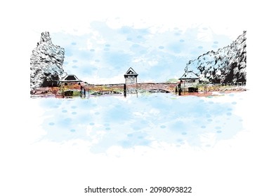Die Bauansicht mit Wahrzeichen Leipzig ist die 
Stadt in Deutschland. Aquarellspritzer mit handgezeichneter Skizzengrafik in Vektorgrafik.