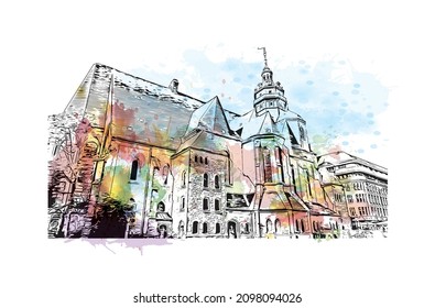 La vista de edificio con un punto de referencia de Leipzig es la 
ciudad de Alemania. Salto de color de agua con ilustración de esbozo dibujada a mano en vector.