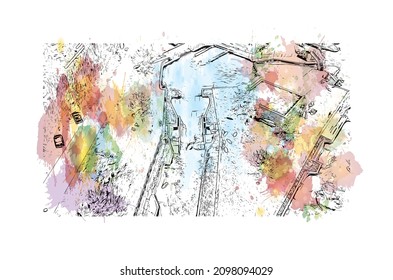 Building view with landmark of Leipzig is the 
city in Germany. Watercolor splash with hand drawn sketch illustration in vector.