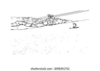 Building view with landmark of Les Deux Alpes is a ski resort in the France. Hand drawn  sketch illustration in vector.