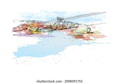 Building view with landmark of Les Deux Alpes is a ski resort in the France. Watercolor splash with hand drawn  sketch illustration in vector.