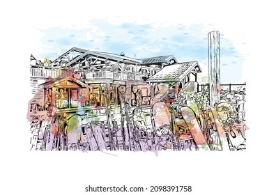 Building view with landmark of Les Deux Alpes is a ski resort in the France. Watercolor splash with hand drawn  sketch illustration in vector.