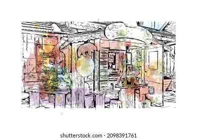 Building view with landmark of Les Deux Alpes is a ski resort in the France. Watercolor splash with hand drawn  sketch illustration in vector.