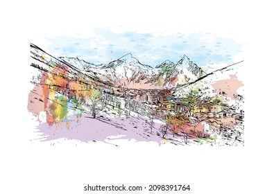 Building view with landmark of Les Deux Alpes is a ski resort in the France. Watercolor splash with hand drawn  sketch illustration in vector.