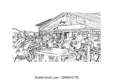 Building view with landmark of Les Deux Alpes is a ski resort in the France. Hand drawn  sketch illustration in vector.