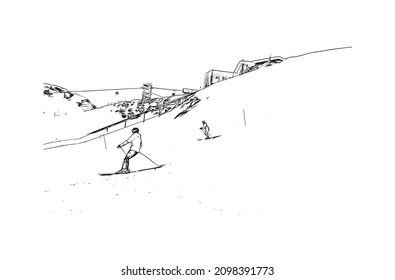 Building view with landmark of Les Deux Alpes is a ski resort in the France. Hand drawn  sketch illustration in vector.