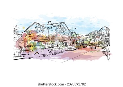 Building view with landmark of Les Deux Alpes is a ski resort in the France. Watercolor splash with hand drawn  sketch illustration in vector.