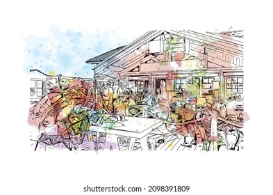 Building view with landmark of Les Deux Alpes is a ski resort in the France. Watercolor splash with hand drawn  sketch illustration in vector.