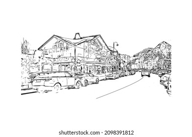 Building view with landmark of Les Deux Alpes is a ski resort in the France. Hand drawn  sketch illustration in vector.