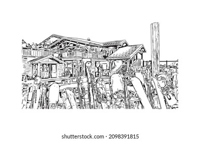 Building view with landmark of Les Deux Alpes is a ski resort in the France. Hand drawn  sketch illustration in vector.