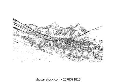 Building view with landmark of Les Deux Alpes is a ski resort in the France. Hand drawn  sketch illustration in vector.