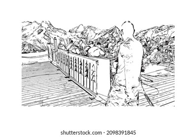 Building view with landmark of Les Deux Alpes is a ski resort in the France. Hand drawn  sketch illustration in vector.