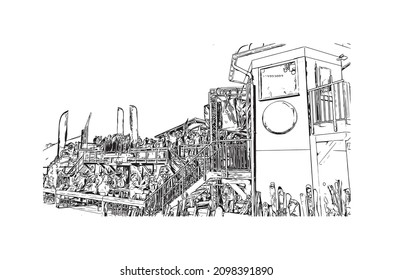 Building view with landmark of Les Deux Alpes is a ski resort in the France. Hand drawn  sketch illustration in vector.