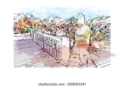 Building view with landmark of Les Deux Alpes is a ski resort in the France. Watercolor splash with hand drawn  sketch illustration in vector.