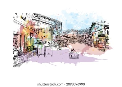 Building view with landmark of Les Gets is the 
commune in France. Watercolor splash with hand drawn sketch illustration in vector.