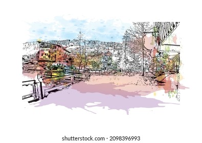 Building view with landmark of Les Gets is the 
commune in France. Watercolor splash with hand drawn sketch illustration in vector.