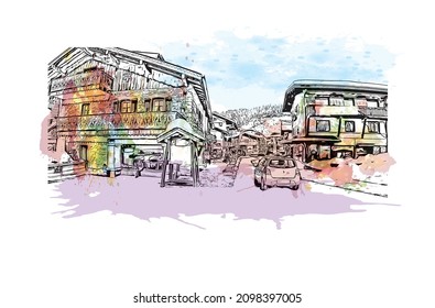 Building view with landmark of Les Gets is the 
commune in France. Watercolor splash with hand drawn sketch illustration in vector.