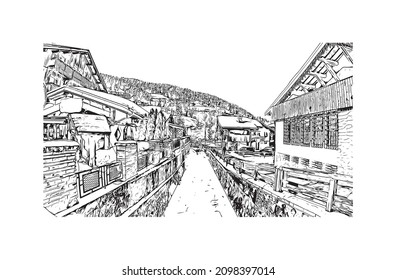 Building view with landmark of Les Gets is the 
commune in France. Hand drawn sketch illustration in vector.