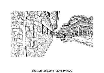 Building view with landmark of Les Gets is the 
commune in France. Hand drawn sketch illustration in vector.