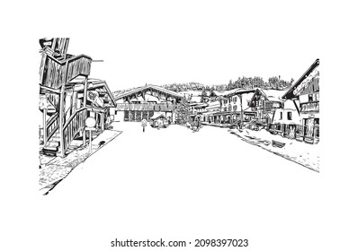 Building view with landmark of Les Gets is the 
commune in France. Hand drawn sketch illustration in vector.