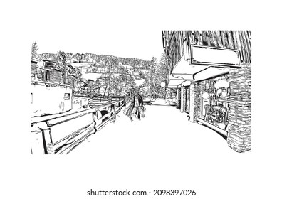 Building view with landmark of Les Gets is the 
commune in France. Hand drawn sketch illustration in vector.