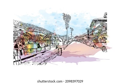 Building view with landmark of Les Gets is the 
commune in France. Watercolor splash with hand drawn sketch illustration in vector.