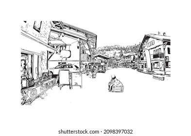 Building view with landmark of Les Gets is the 
commune in France. Hand drawn sketch illustration in vector.