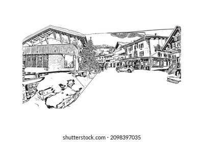 Building view with landmark of Les Gets is the 
commune in France. Hand drawn sketch illustration in vector.