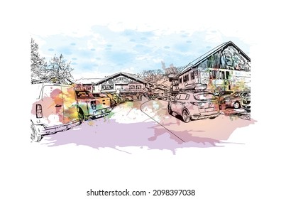 Building view with landmark of Les Gets is the 
commune in France. Watercolor splash with hand drawn sketch illustration in vector.