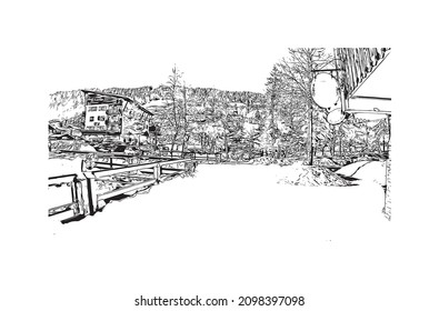 Building view with landmark of Les Gets is the 
commune in France. Hand drawn sketch illustration in vector.