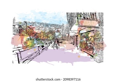 Building view with landmark of Les Gets is the 
commune in France. Watercolor splash with hand drawn sketch illustration in vector.