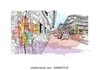 Building view with landmark of Les Gets is the 
commune in France. Watercolor splash with hand drawn sketch illustration in vector.