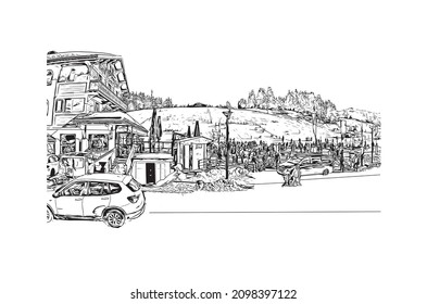 Building view with landmark of Les Gets is the 
commune in France. Hand drawn sketch illustration in vector.