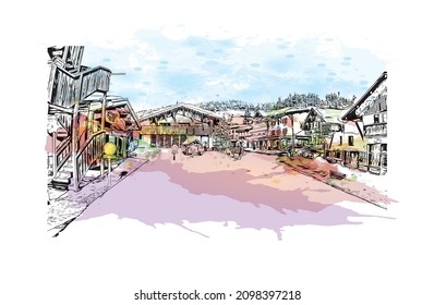 Building view with landmark of Les Gets is the 
commune in France. Watercolor splash with hand drawn sketch illustration in vector.