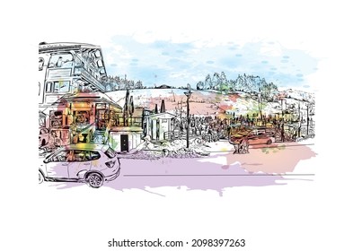 Building view with landmark of Les Gets is the 
commune in France. Watercolor splash with hand drawn sketch illustration in vector.