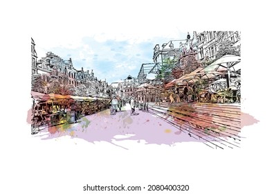 Building view with landmark of Leuven is the 
city in Belgium. Watercolor splash with hand drawn sketch illustration in vector.