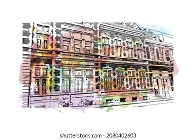 Building view with landmark of Leuven is the 
city in Belgium. Watercolor splash with hand drawn sketch illustration in vector.