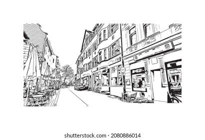 Building view with landmark of Leverkusen is the 
city in Germany. Hand drawn sketch illustration in vector.
