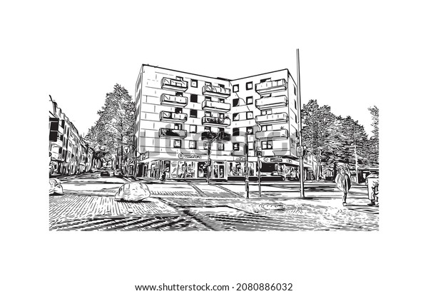 Building view with\
landmark of Leverkusen is the \
city in Germany. Hand drawn sketch\
illustration in\
vector.