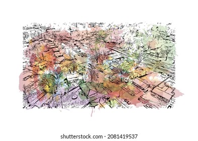 Building view with landmark of Lexington is a city in Kentucky. Watercolor splash with hand drawn sketch illustration in vector.