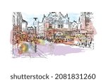 Building view with landmark of Lichfield is the 
city in England. Watercolor splash with hand drawn sketch illustration in vector.