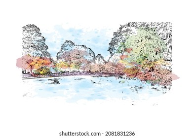 Building view with landmark of Lichfield is the 
city in England. Watercolor splash with hand drawn sketch illustration in vector.