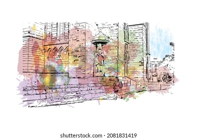 Building view with landmark of Lichfield is the 
city in England. Watercolor splash with hand drawn sketch illustration in vector.