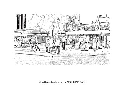 Building view with landmark of Lichfield is the 
city in England. Hand drawn sketch illustration in vector.