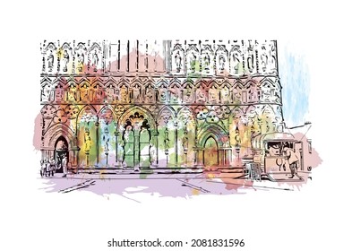 Building view with landmark of Lichfield is the 
city in England. Watercolor splash with hand drawn sketch illustration in vector.
