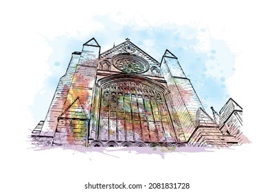 Building view with landmark of Lichfield is the 
city in England. Watercolor splash with hand drawn sketch illustration in vector.