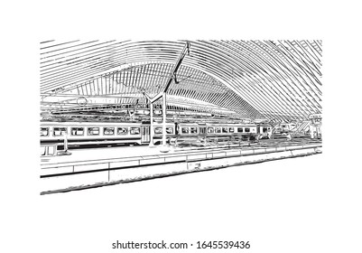 Building view with landmark of Liege, a city along the Meuse River in Belgium’s French-speaking Wallonia region. Hand drawn sketch illustration in vector.