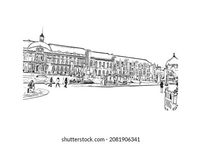 Building view with landmark of Liege is the 
city in Belgium. Hand drawn sketch illustration in vector.